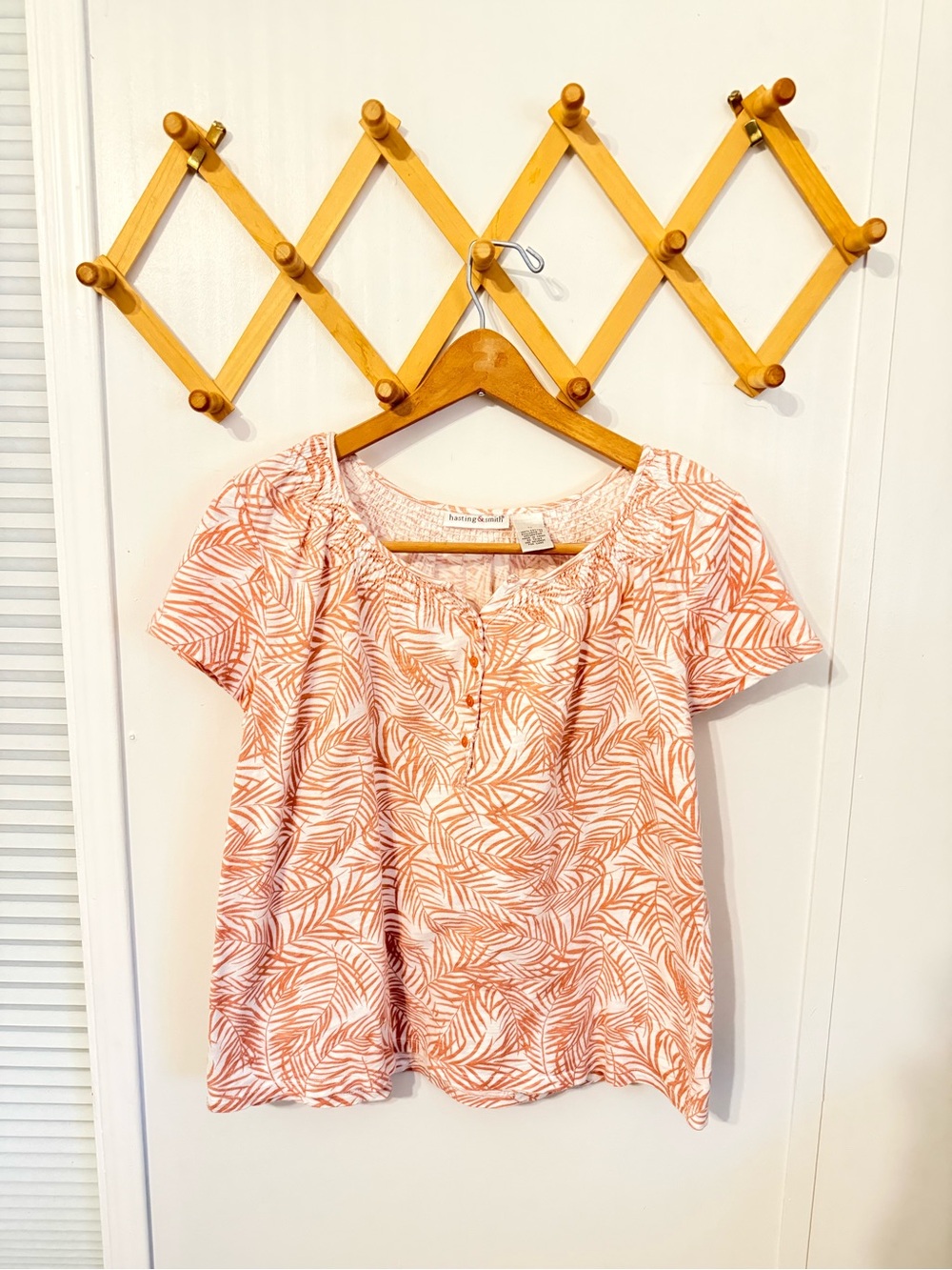 Short-Sleeve Peach Leaf-Print Peasant Blouse